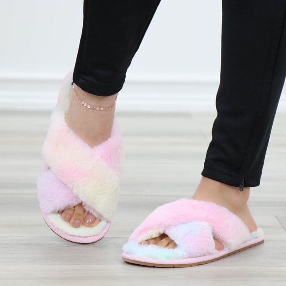 Tie Dye Fuzzy Plush Criss Cross Sandal Sliders - Picture 10 of 16
